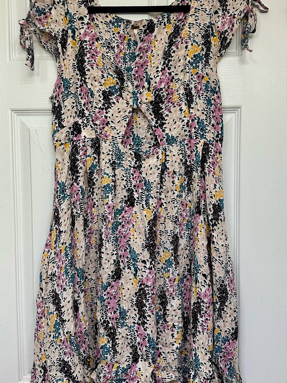 Free People Cream Floral Tie-Front Casual Dress with Pink, Teal & Yellow Accents